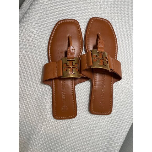 TORY BURCH Women Georgie Gold Logo‎ Leather Sandals Sz 8.5 - Picture 3 of 5